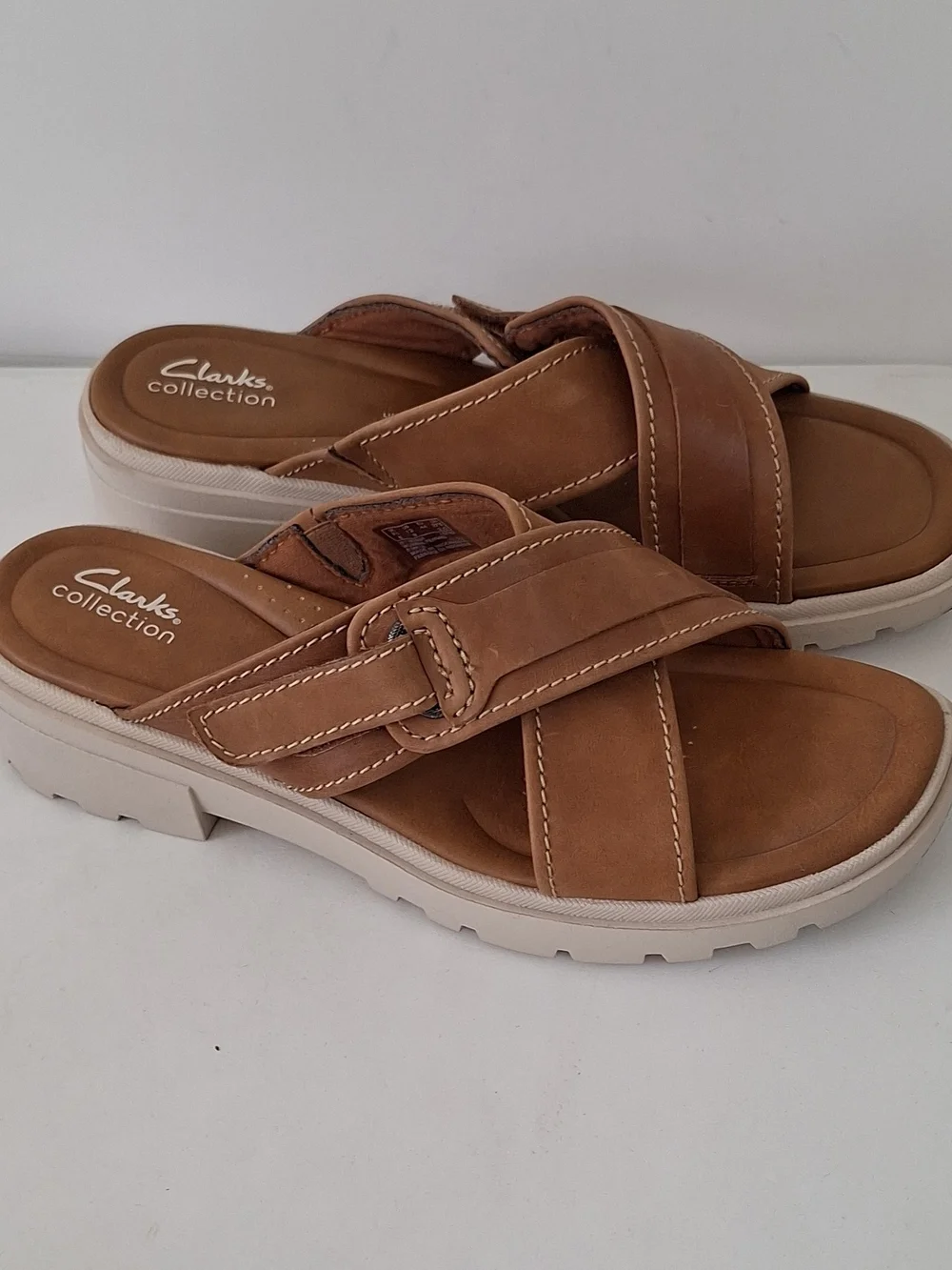 Clarks Brown Leather Cross-Strap Slide Sandals Size 12 W